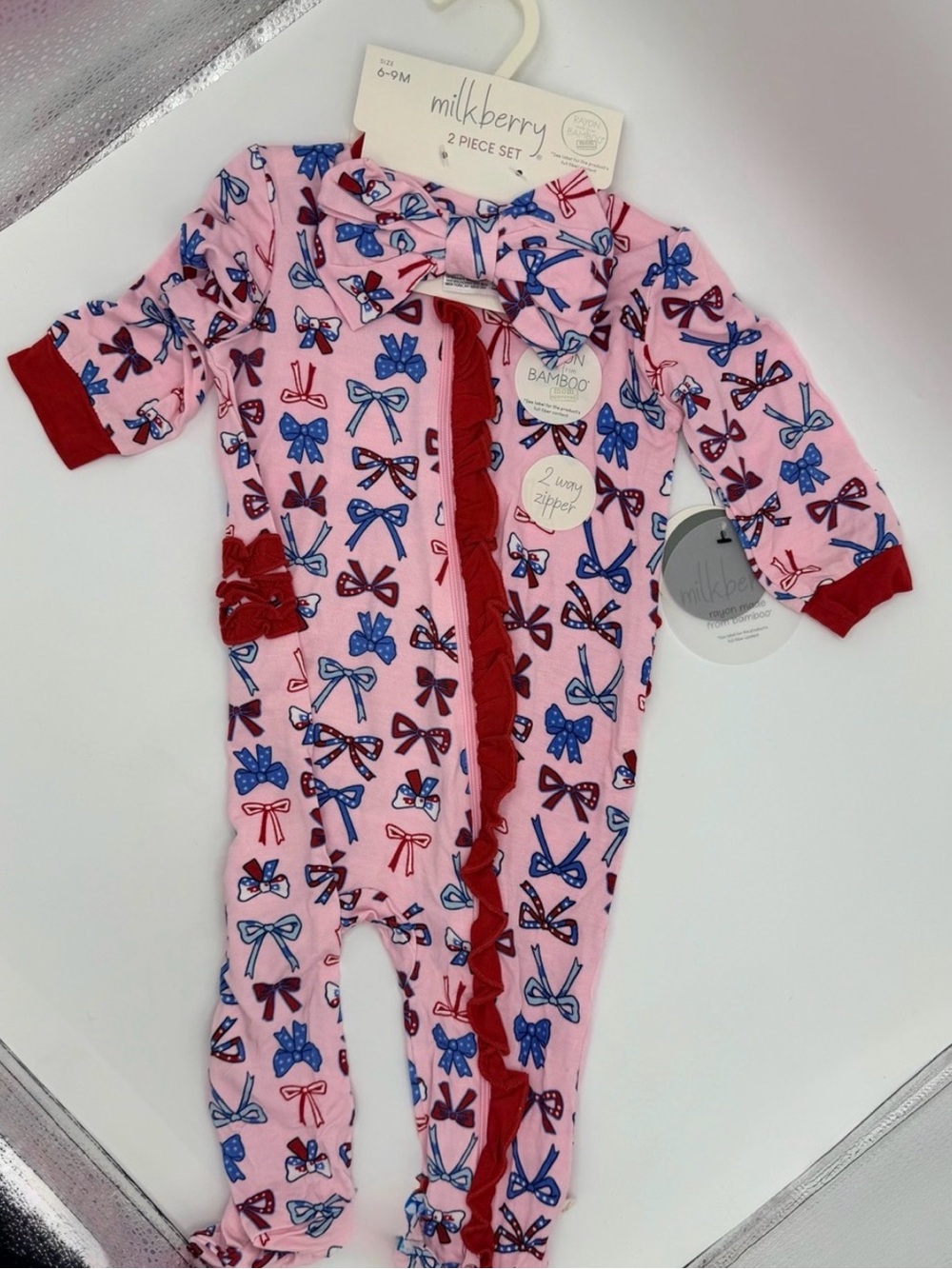 NWT Milkberry Pink American Bow Bamboo Footie One-Piece- with matching Headband